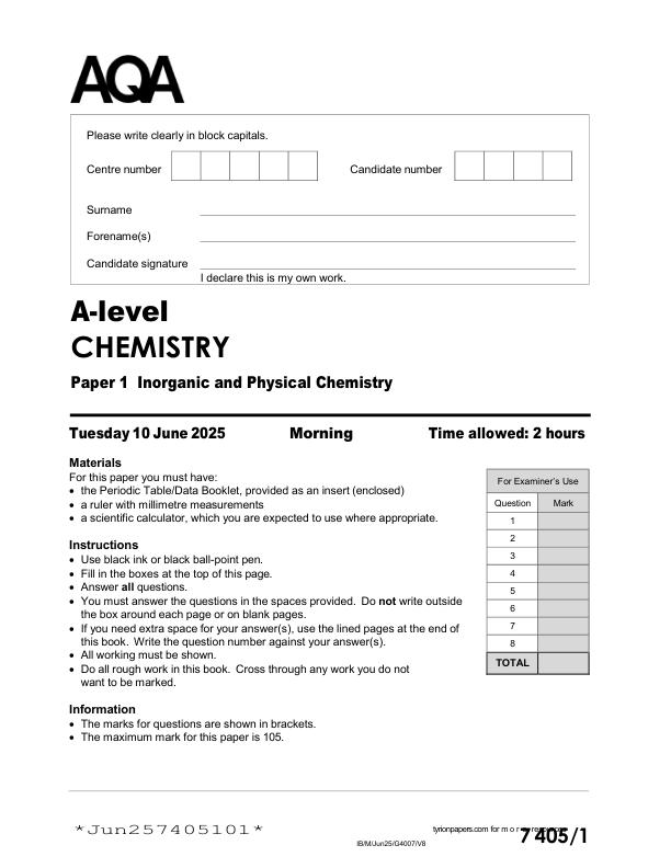 AQA A Level Chemistry Paper 1 – June 2025 Complete Exam Solutions PDF