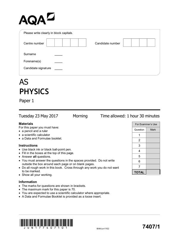 AQA AS Level Physics Paper 1 – June 2017  Actual Exam Questions PDF