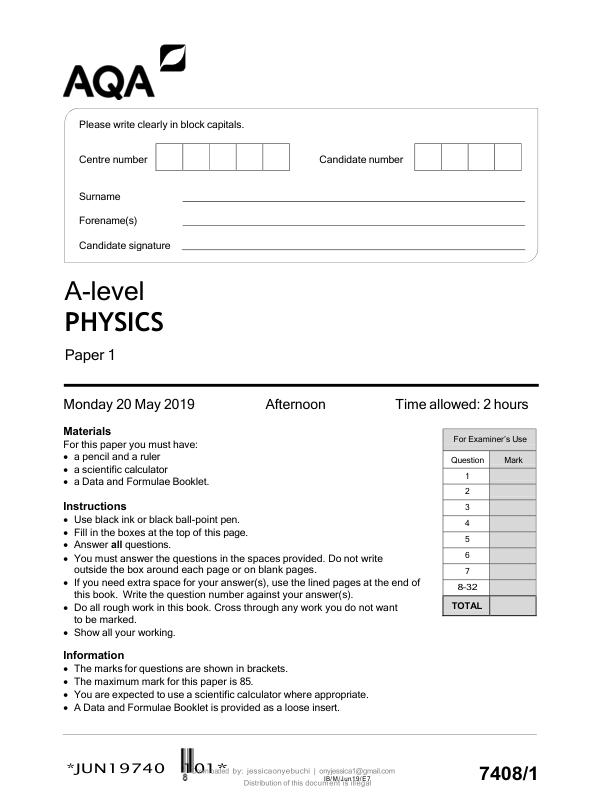 AQA A Level Physics Paper 1 (2019) – Question Paper Official Exam PDF