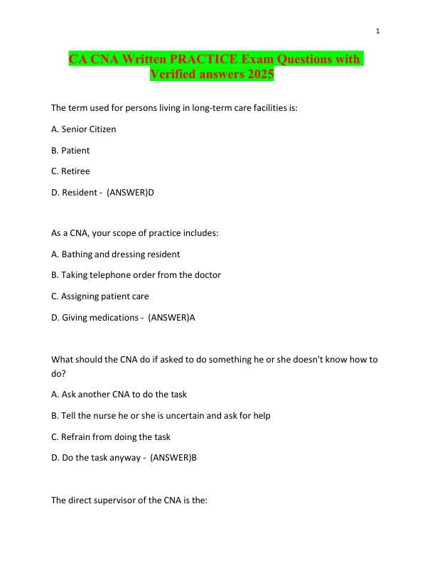 CA CNA Written PRACTICE Exam Questions with Verified Answers 2025