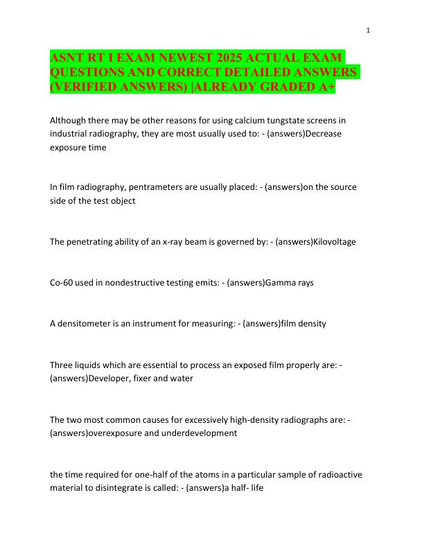 ASNT RT I EXAM NEWEST 2025 ACTUAL EXAM QUESTIONS AND CORRECT DETAILED ANSWERS (VERIFIED ANSWERS) ALREADY GRADED A+