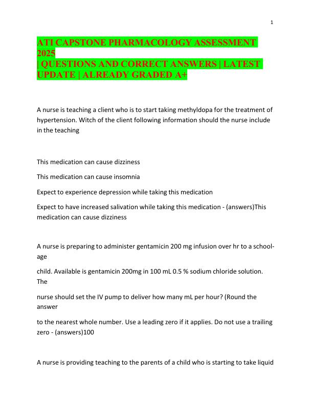 ATI CAPSTONE PHARMACOLOGY ASSESSMENT 2025 QUESTIONS AND CORRECT ANSWERS LATEST UPDATE ALREADY GRADED A+