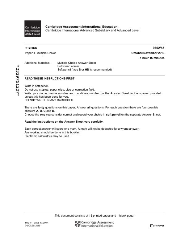 Cambridge Assessment International Education A Level Physics Paper 1 – November 2019 v3  Actual Exam PDF