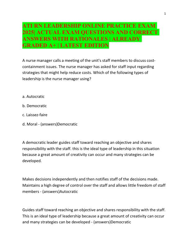 ATI RN LEADERSHIP ONLINE PRACTICE EXAM 2025 ACTUAL EXAM QUESTIONS AND CORRECT ANSWERS WITH RATIONALES  ALREADY GRADED A+  LATEST EDITION