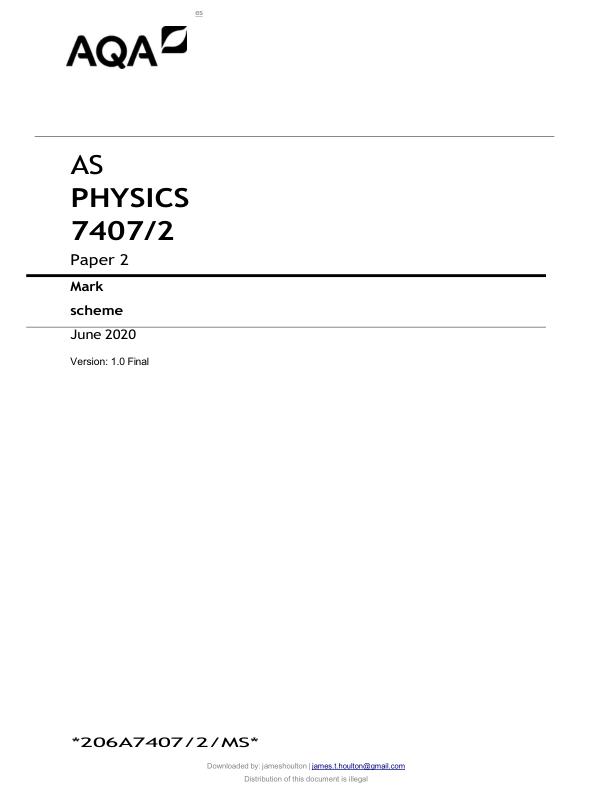 AQA AS Level Physics Paper 2 – 2020 Mark Scheme  Official Examiner PDF