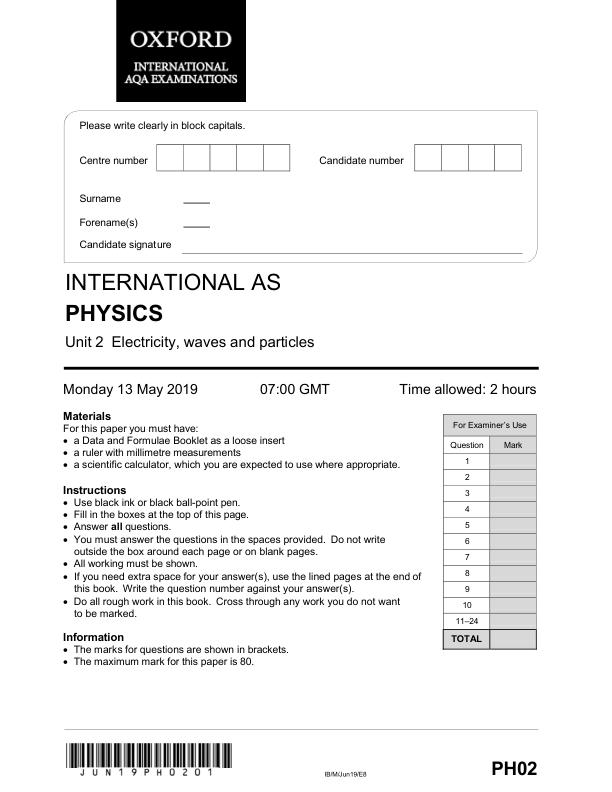 AS Level Physics Unit 2 – June 2019 Question Paper Actual Exam PDF AQA