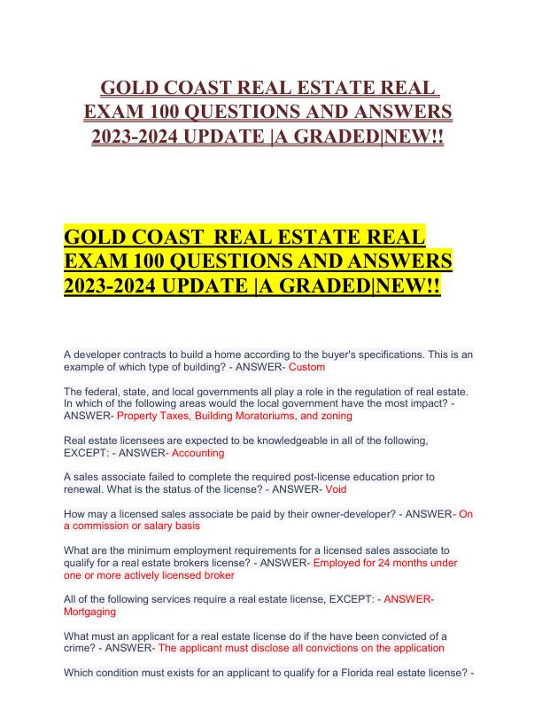 GOLD COAST REAL ESTATE REAL EXAM 100 QUESTIONS AND ANSWERS 2023-2024 UPDATE A GRADEDNEW!!