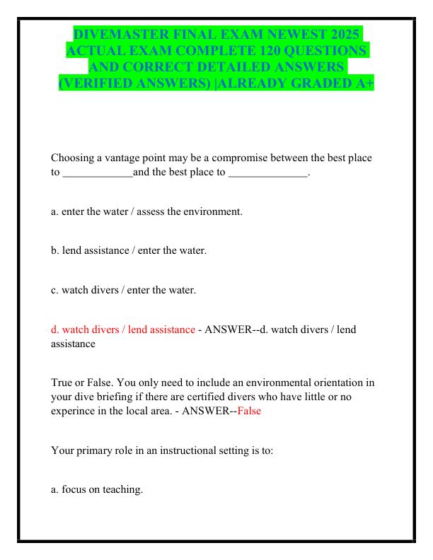 DIVEMASTER FINAL EXAM NEWEST 2025 ACTUAL EXAM COMPLETE 120 QUESTIONS AND CORRECT DETAILED ANSWERS (VERIFIED ANSWERS) ALREADY GRADED A+