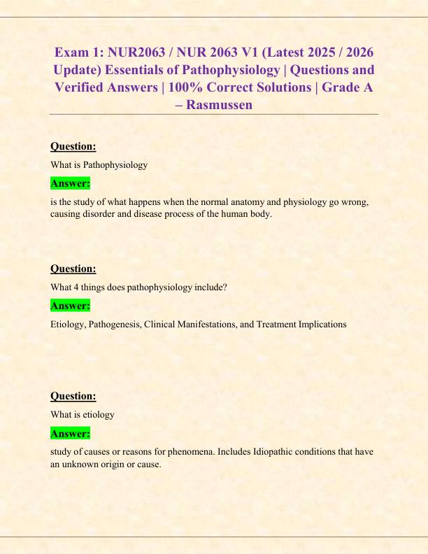 Exam 1 NUR2063  NUR 2063 V1 (Latest 2025  2026 Update) Essentials of Pathophysiology  Questions and Verified Answers  100% Correct Solutions  Grade A – Rasmussen