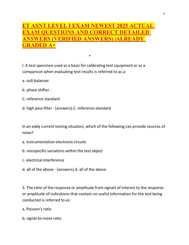 ET ASNT LEVEL I EXAM NEWEST 2025 ACTUAL EXAM QUESTIONS AND CORRECT DETAILED ANSWERS (VERIFIED ANSWERS) ALREADY GRADED A+