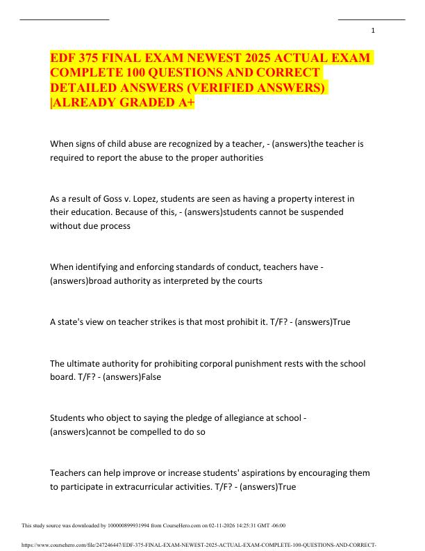 EDF 375 FINAL EXAM NEWEST 2025 ACTUAL EXAM COMPLETE 100 QUESTIONS AND CORRECT DETAILED ANSWERS (VERIFIED ANSWERS) ALREADY GRADED A+