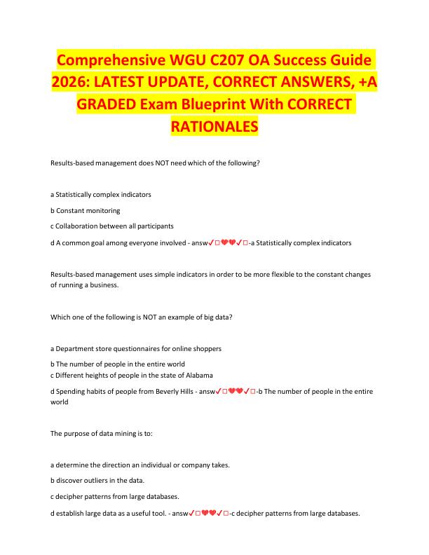 Comprehensive WGU C207 OA Success Guide 2026 LATEST UPDATE, CORRECT ANSWERS, +A GRADED Exam Blueprint With CORRECT RATIONALES