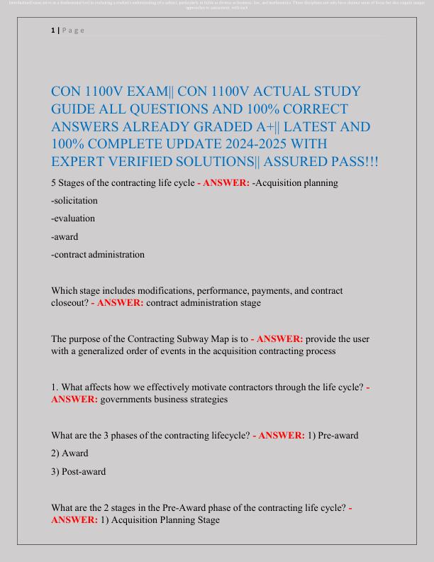CON 1100V EXAM CON 1100V ACTUAL STUDY GUIDE ALL QUESTIONS AND 100% CORRECT ANSWERS ALREADY GRADED A+ LATEST AND 100% COMPLETE UPDATE 2024-2025 WITH EXPERT VERIFIED SOLUTIONS