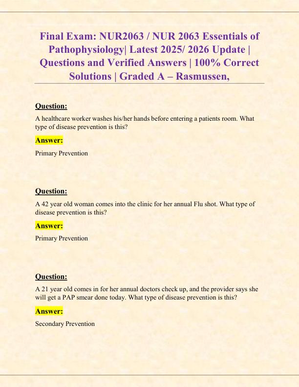 Final Exam NUR2063 NUR 2063 Essentials of Pathophysiology Latest 2025 2026 Update Questions and Verified Answers 100% Correct Solutions Graded A – Rasmussen