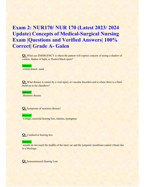 Exam 2 NUR170 NUR 170 (Latest 2023 2024 Update) Concepts of Medical-Surgical Nursing Exam Questions and Verified Answers 100% Correct Grade A- Galen