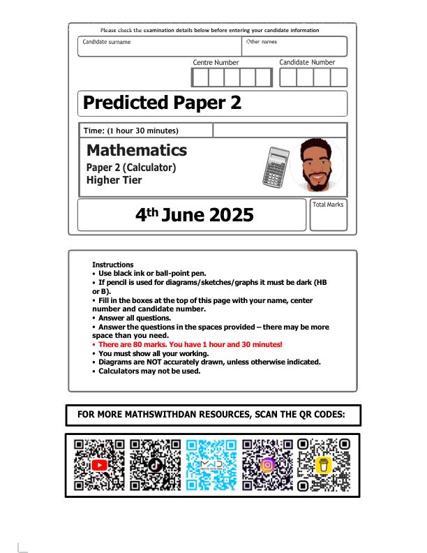 Edexcel Maths With Dan – GCSE Maths Predicted Paper 2 June 2025  Higher Tier PDF
