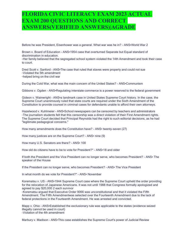 FLORIDA CIVIC LITERACY EXAM 2023 ACTUAL EXAM 200 QUESTIONS AND CORRECT ANSWERS (VERIFIED ANSWERS)AGRADE