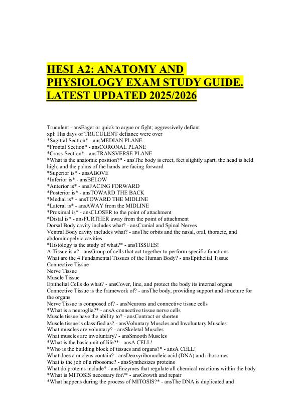 HESI A2 ANATOMY AND PHYSIOLOGY EXAM STUDY GUIDE. LATEST UPDATED 20252026