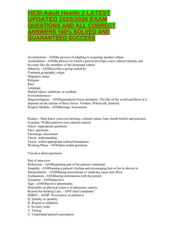 HESI Adult Health 2 LATEST UPDATED 20252026 EXAM QUESTIONS AND ALL CORRECT ANSWERS 100% SOLVED AND GUARANTEED SUCCESS