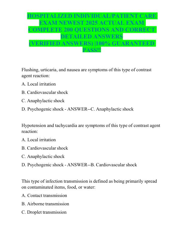 HOSPITALIZED INDIVIDUAL PATIENT CARE EXAM NEWEST 2025 ACTUAL EXAM COMPLETE 200 QUESTIONS AND CORRECT DETAILED ANSWERS (VERIFIED ANSWERS) 100% GUARANTEED PASS!!
