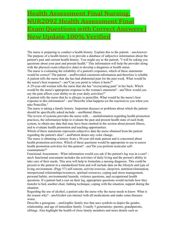 Health Assessment Final Nursing, NUR2092 Health Assessment Final Exam Questions with Correct Answers New Update 100% Verified