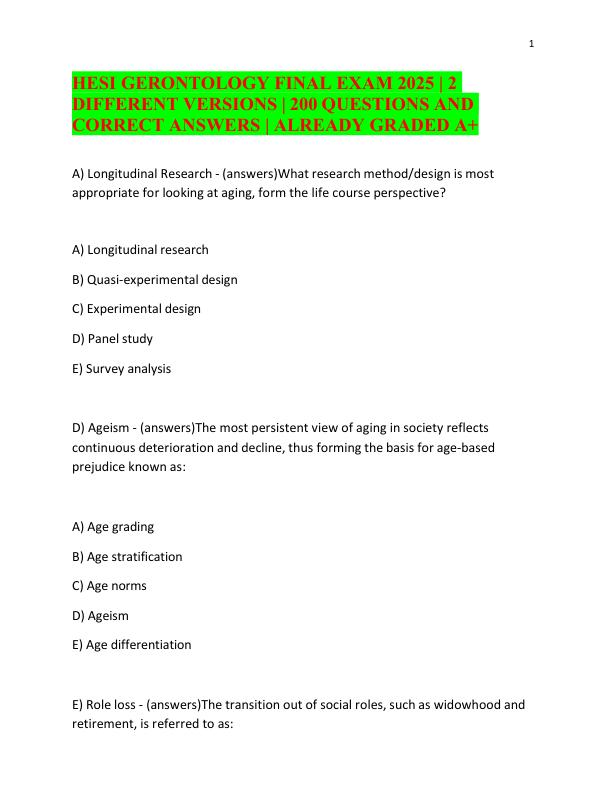 HESI GERONTOLOGY FINAL EXAM 2025 2 DIFFERENT VERSIONS 200 QUESTIONS AND CORRECT ANSWERS ALREADY GRADED A+