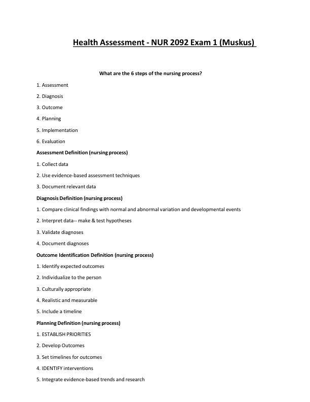 Health Assessment - NUR 2092 Exam 1 (Muskus)