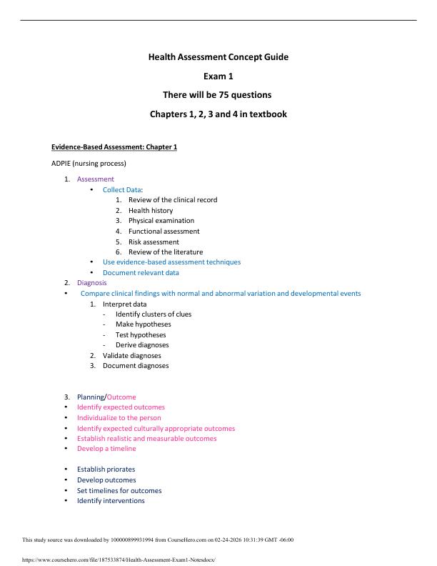 Health Assessment Concept Guide Exam 1