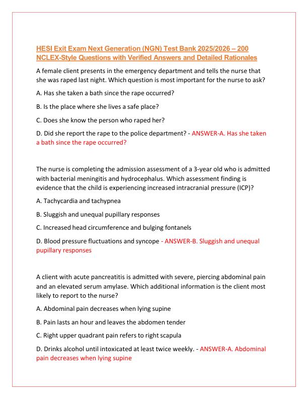 HESI Exit Exam Next Generation (NGN) Test Bank 20252026 – 200 NCLEX-Style Questions with Verified Answers and Detailed Rationales