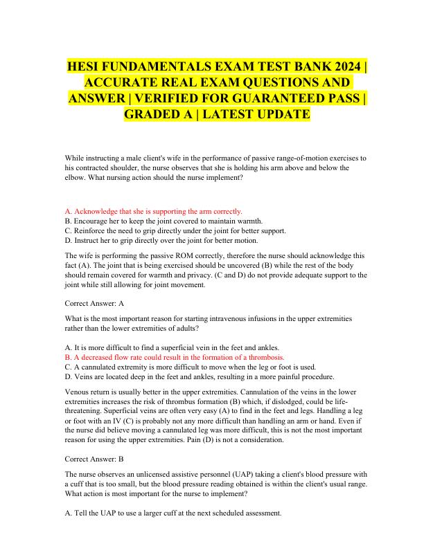 HESI FUNDAMENTALS EXAM TEST BANK 2024 ACCURATE REAL EXAM QUESTIONS AND ANSWER VERIFIED FOR GUARANTEED PASS GRADED A LATEST UPDATE