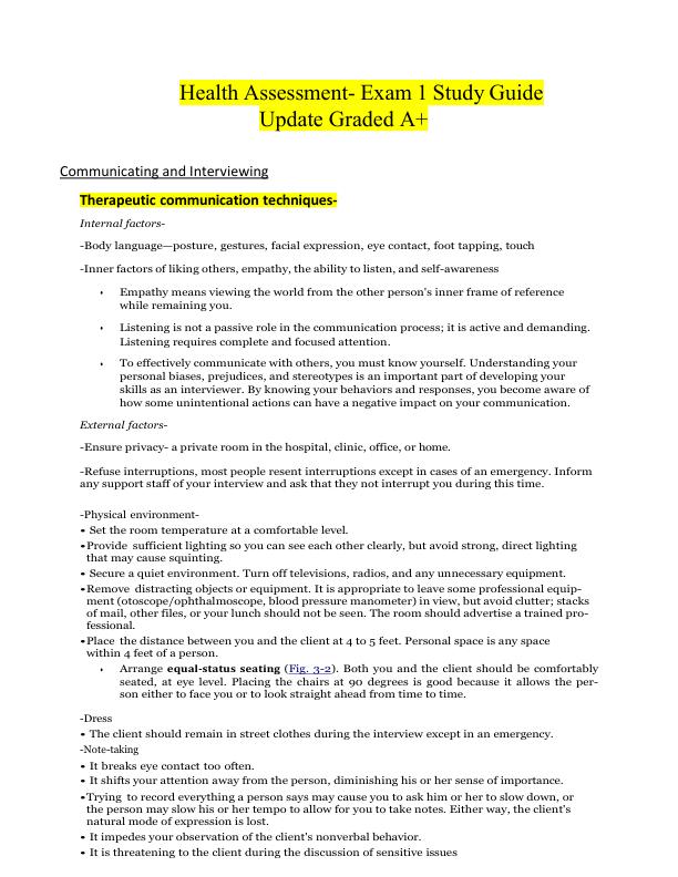 Health Assessment- Exam 1 Study Guide Update Graded A+