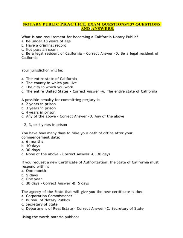 NOTARY PUBLIC PRACTICE EXAM QUESTIONS137 QUESTIONS AND ANSWERS.