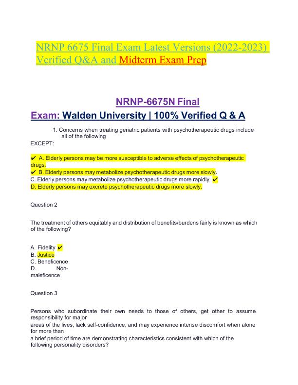 NRNP 6675 Final Exam Latest Versions (2022-2023) Verified Q&A and Midterm Exam Prep