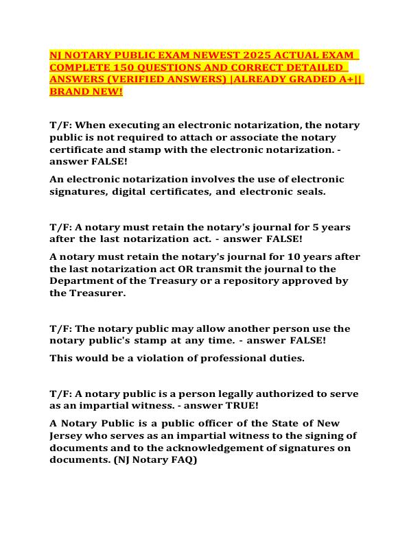 NJ NOTARY PUBLIC EXAM NEWEST 2025 ACTUAL EXAM  COMPLETE 150 QUESTIONS AND CORRECT DETAILED  ANSWERS (VERIFIED ANSWERS) ALREADY GRADED A+ BRAND NEW!