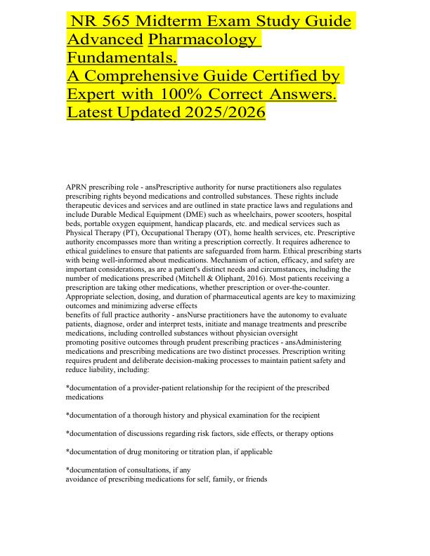 NR 565 Midterm Exam Study Guide Advanced Pharmacology Fundamentals. A Comprehensive Guide Certified by Expert with 100% Correct Answers. Latest Updated 20252026