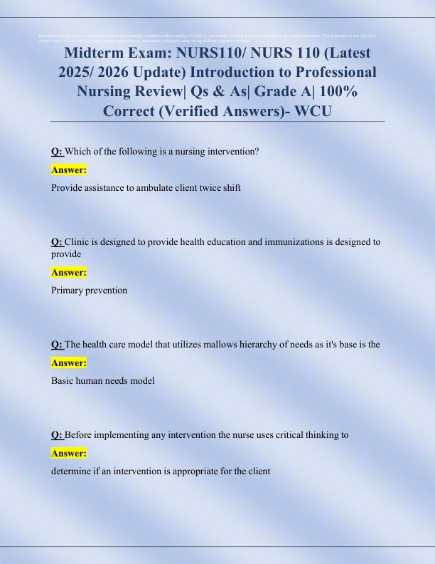 Midterm Exam NURS110 NURS 110 (Latest 2025 2026 Update) Introduction to Professional Nursing Review Qs & As Grade A 100% Correct (Verified Answers)- WCU
