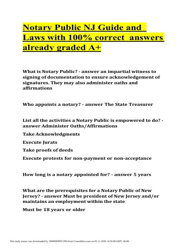 Notary Public NJ Guide and  Laws with 100% correct  answers already graded A+