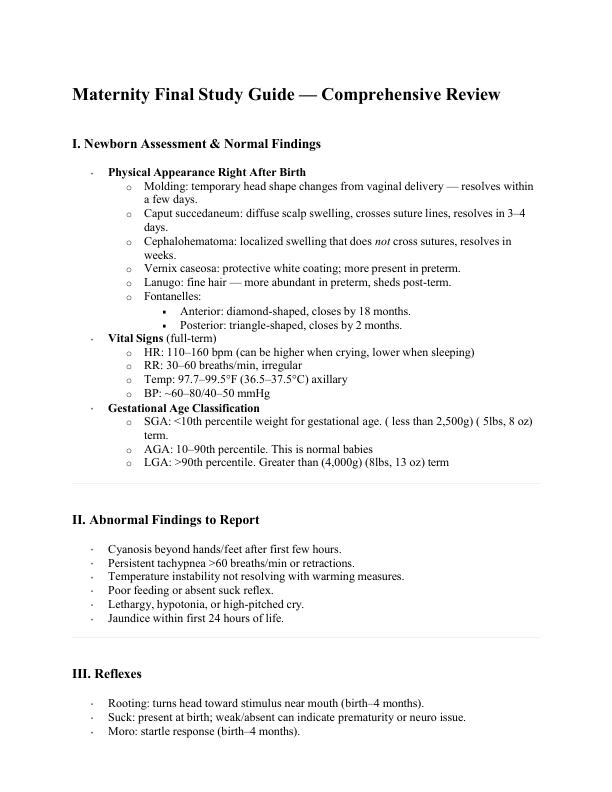 Maternity Final Study Guide — Comprehensive Review CORRECT ANSWERS +A GRADED EXAM
