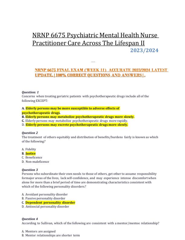 NRNP 6675 Final Exam (11 week) Psychiatric Mental Health Nurse Practitioner Care Across The Lifespan II 20232024