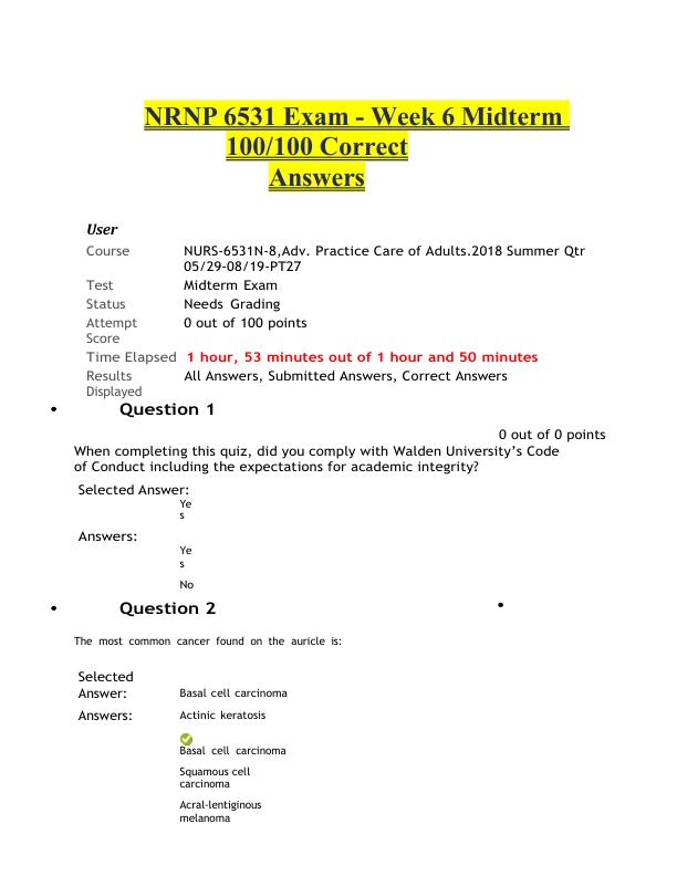 NRNP 6531 Exam - Week 6 Mid term 100_100 Correct Answers 100% Correct Graded A+ 