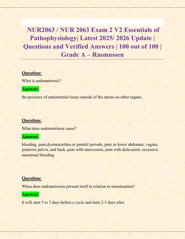 NUR2063  NUR 2063 Exam 2 V2 Essentials of Pathophysiology Latest 2025 2026 Update  Questions and Verified Answers  100 out of 100  Grade A – Rasmussen