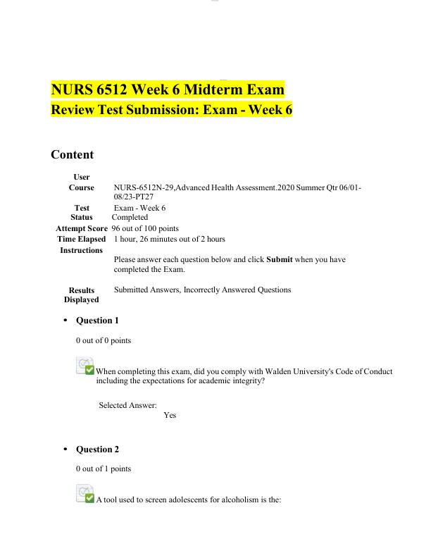 NURS 6512 Week 6 Midterm Exam Review Test Submission Exam - Week 6