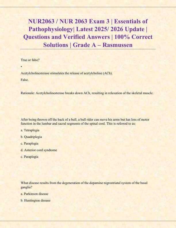 NUR2063  NUR 2063 Exam 3  Essentials of Pathophysiology Latest 2025 2026 Update  Questions and Verified Answers  100% Correct Solutions  Grade A – Rasmussen