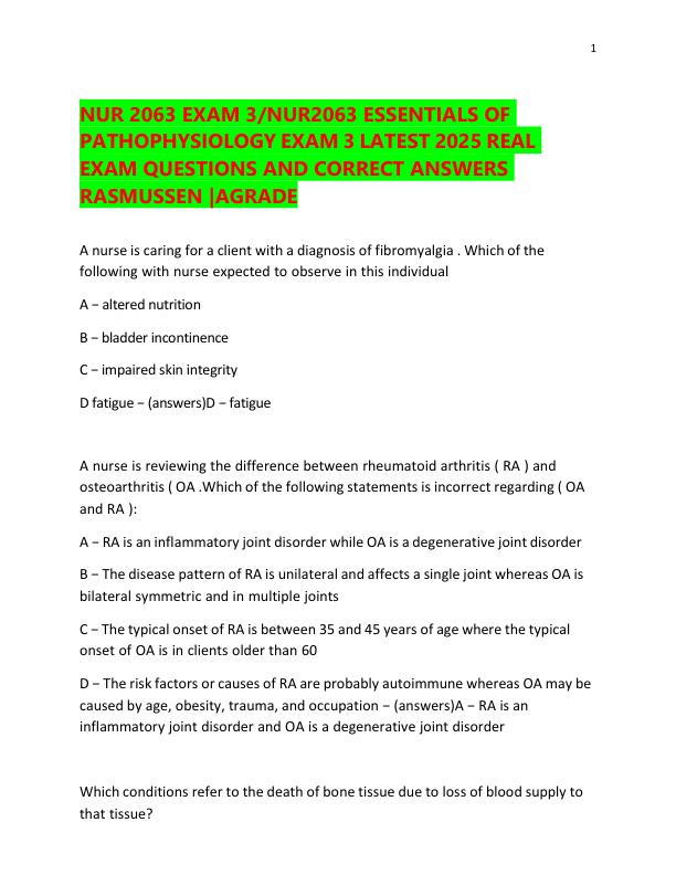 NUR 2063 EXAM 3NUR2063 ESSENTIALS OF PATHOPHYSIOLOGY EXAM 3 LATEST 2025 REAL EXAM QUESTIONS AND CORRECT ANSWERS RASMUSSEN AGRADE