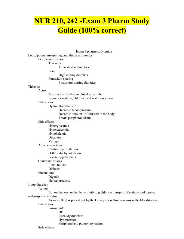 NUR 210, 242 -Exam 3 Pharm Study Guide (100% correct)