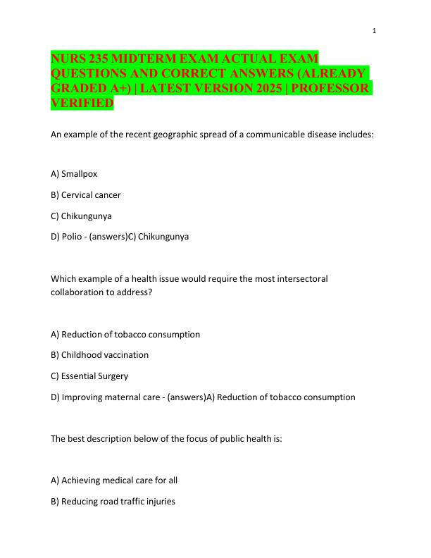 NURS 235 MIDTERM EXAM ACTUAL EXAM QUESTIONS AND CORRECT ANSWERS (ALREADY GRADED A+) LATEST VERSION 2025 PROFESSOR VERIFIED