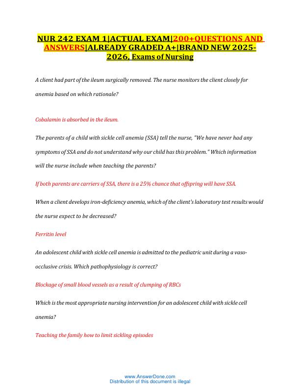 NUR 242 EXAM 1ACTUAL EXAM200+QUESTIONS AND ANSWERSALREADY GRADED A+BRAND NEW 2025-2026, Exams of Nursing