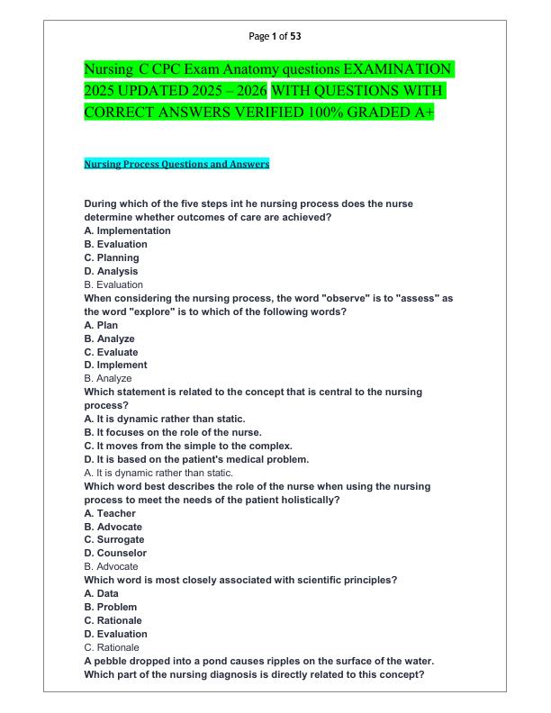 Nursing C CPC Exam Anatomy questions EXAMINATION 2025 UPDATED 2025 – 2026 WITH QUESTIONS WITH CORRECT ANSWERS VERIFIED 100% GRADED A+