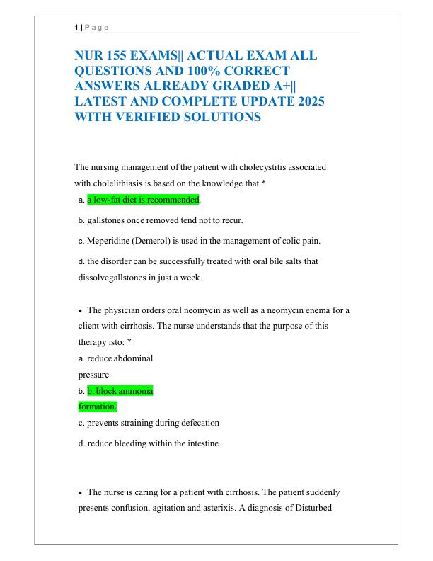NUR 155 EXAMS ACTUAL EXAM ALL QUESTIONS AND 100% CORRECT ANSWERS ALREADY GRADED A+ LATEST AND COMPLETE UPDATE 2025 WITH VERIFIED SOLUTIONS