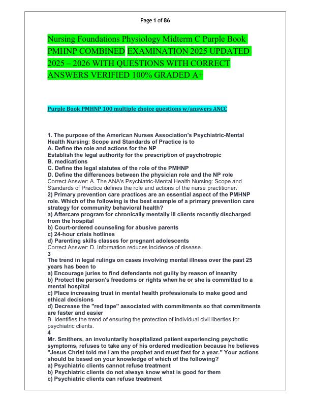 Nursing Foundations Physiology Midterm C Purple Book PMHNP COMBINED EXAMINATION 2025 UPDATED 2025 – 2026 WITH QUESTIONS WITH CORRECT ANSWERS VERIFIED 100% GRADED A+